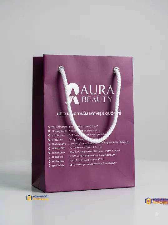Túi giấy thẩm mỹ viện Aura Beauty màu tím mận, quai dù trắng